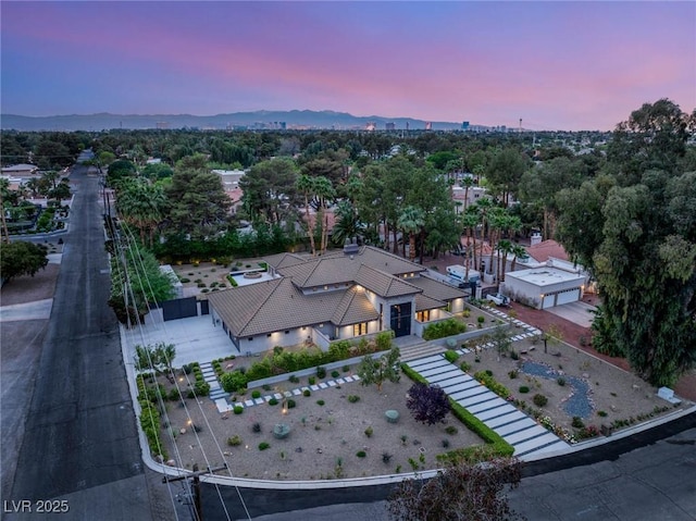 view of aerial view at dusk