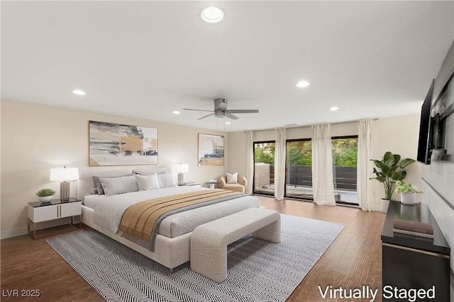 bedroom with recessed lighting, wood finished floors, ceiling fan, and access to outside