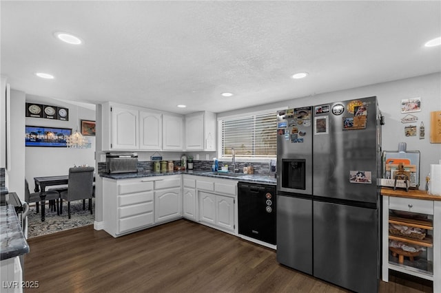 2111 River City Dr, Laughlin, NV 89029 - kitchen with stainless steel refrigerator with ice dispenser, black dishwasher, a sink, white cabinets, and dark wood-style flooring