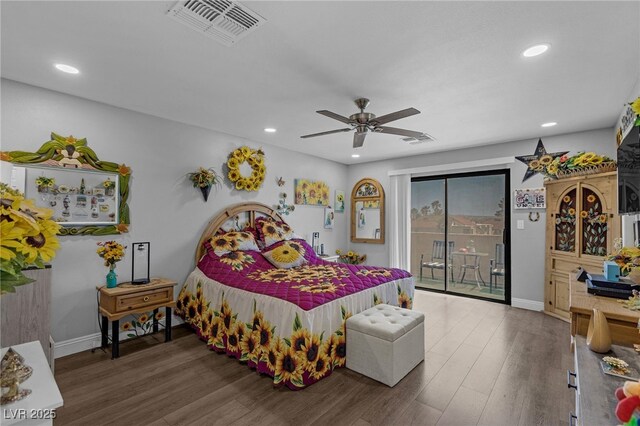 2111 River City Dr, Laughlin, NV 89029 - bedroom with access to exterior, recessed lighting, wood finished floors, baseboards, and a ceiling fan