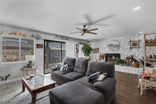 2111 River City Dr, Laughlin, NV 89029 - living room with ceiling fan, a fireplace, baseboards, recessed lighting, and wood finished floors