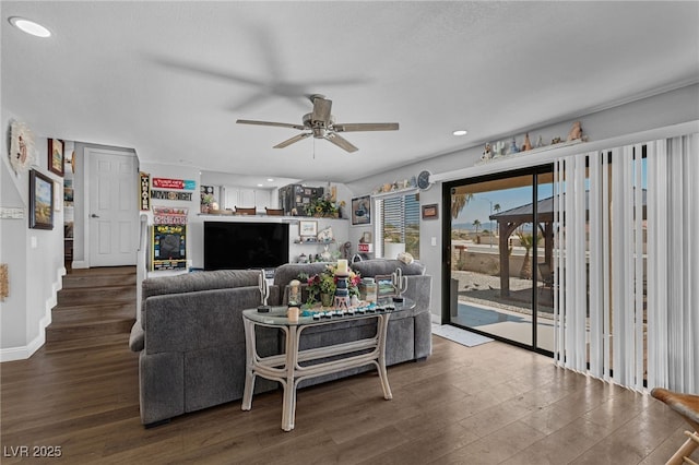 2111 River City Dr, Laughlin, NV 89029 - living room featuring ceiling fan, wood finished floors, recessed lighting, and baseboards