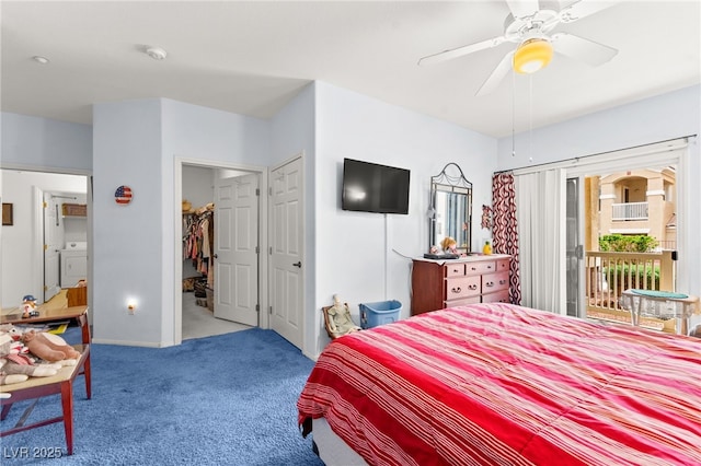 5855 Valley Dr Unit 1101, North Las Vegas, NV 89031 - bedroom with carpet flooring, access to exterior, baseboards, ceiling fan, and washer / clothes dryer