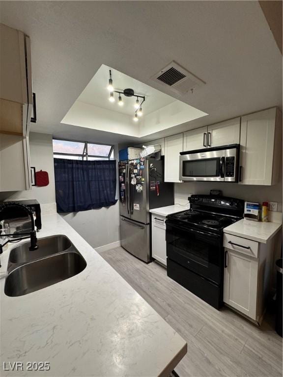 kitchen with a tray ceiling, stainless steel appliances, light countertops, and a sink