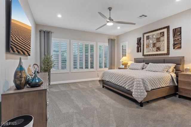 10018 Regency Square Ave, Las Vegas, NV 89148 - bedroom with carpet flooring, multiple windows, recessed lighting, and a ceiling fan