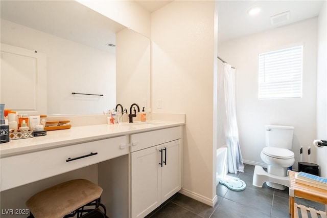 bathroom featuring tile patterned floors, vanity, shower / bathtub combination with curtain, toilet, and visible vents