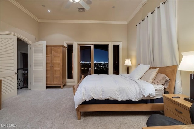 1520 Macdonald Ranch Dr, Henderson, NV 89012 - bedroom featuring light carpet, a ceiling fan, visible vents, and crown molding