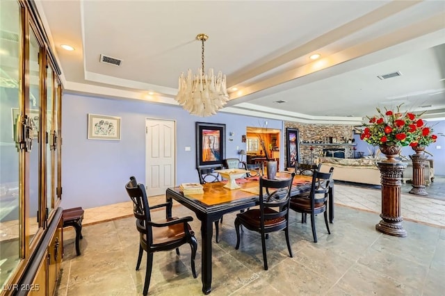 7165 Mira Monte Cir, Las Vegas, NV 89120 - dining space with recessed lighting, a raised ceiling, visible vents, and a notable chandelier