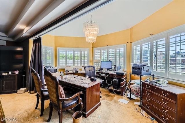7165 Mira Monte Cir, Las Vegas, NV 89120 - office area with light colored carpet, lofted ceiling, and a notable chandelier