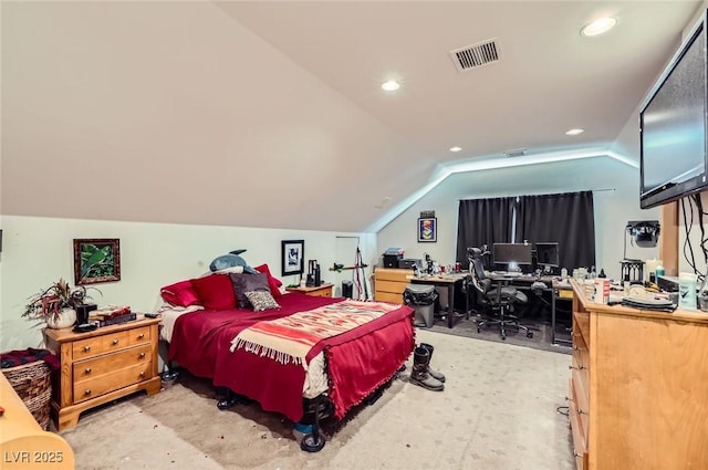 7165 Mira Monte Cir, Las Vegas, NV 89120 - bedroom featuring recessed lighting, concrete floors, vaulted ceiling, and visible vents