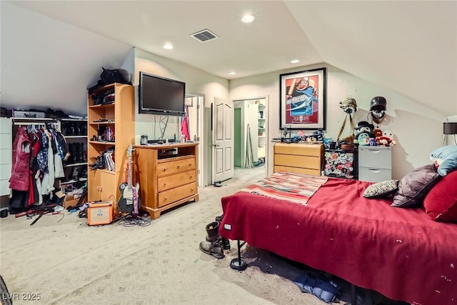 7165 Mira Monte Cir, Las Vegas, NV 89120 - bedroom featuring carpet floors, lofted ceiling, visible vents, and recessed lighting