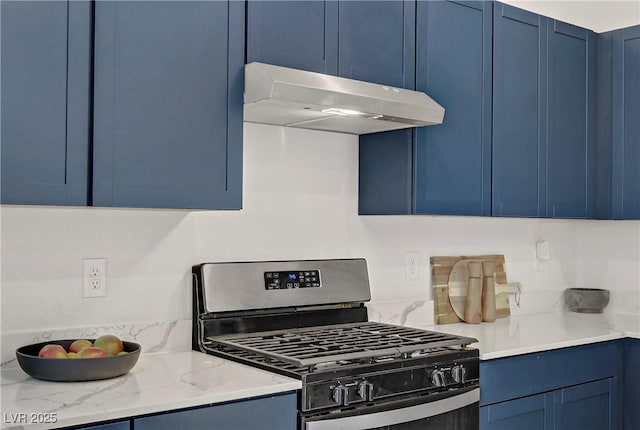 5692 Tinar St, Las Vegas, NV 89113 - kitchen featuring light stone counters, stainless steel range with gas cooktop, blue cabinetry, and under cabinet range hood