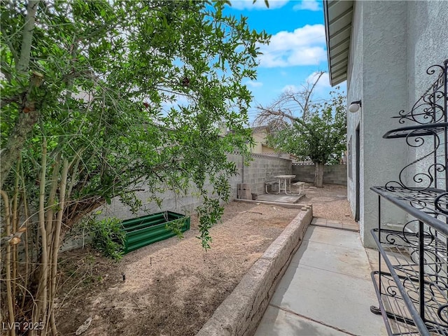 view of yard with fence and a patio