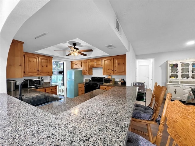 kitchen with a tray ceiling, a sink, freestanding refrigerator, black gas range, and ceiling fan
