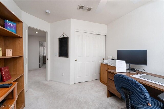 office area with light carpet, visible vents, and recessed lighting