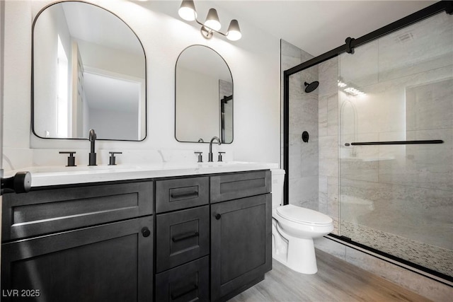 bathroom with double vanity, toilet, a shower stall, and a sink