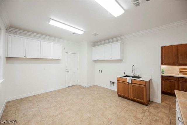 kitchen with crown molding, a sink, and visible vents