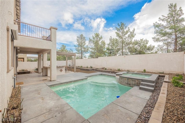 view of pool with a patio area, a fenced backyard, a fenced in pool, and an in ground hot tub