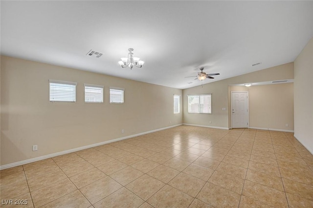 7822 Whitlocks Mill Ave, Las Vegas, NV 89147 - empty room featuring ceiling fan, a chandelier, light tile patterned floors, lofted ceiling, and baseboards