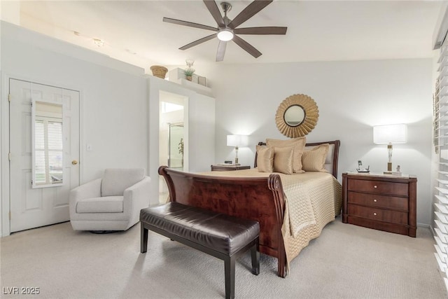 805 Blue Springs Dr, Henderson, NV 89002 - bedroom with connected bathroom, light carpet, and a ceiling fan