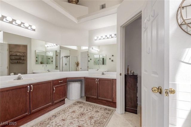 805 Blue Springs Dr, Henderson, NV 89002 - bathroom with visible vents, vanity, and a stall shower
