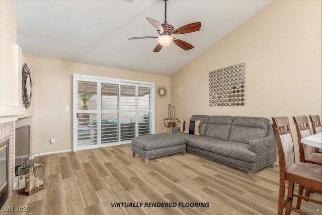 805 Blue Springs Dr, Henderson, NV 89002 - living area featuring vaulted ceiling, a ceiling fan, a brick fireplace, and light wood-type flooring