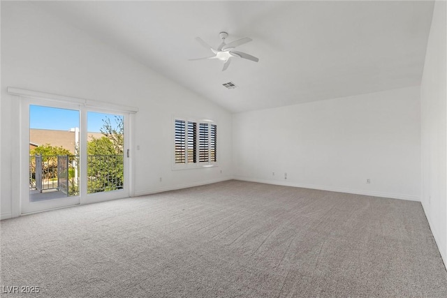 283 Grand Olympia Dr, Henderson, NV 89012 - spare room featuring a ceiling fan, carpet, baseboards, and high vaulted ceiling