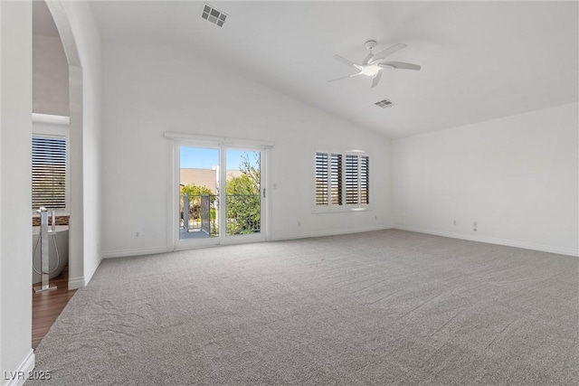 283 Grand Olympia Dr, Henderson, NV 89012 - carpeted spare room with ceiling fan, high vaulted ceiling, arched walkways, and baseboards