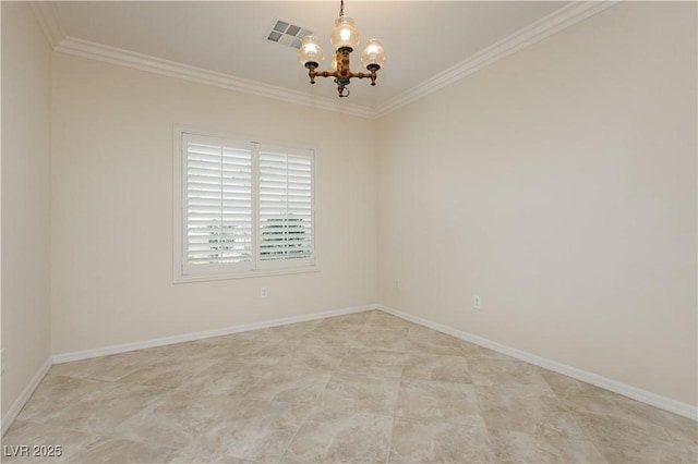 2163 Bannerwood St, Henderson, NV 89044 - empty room featuring baseboards, crown molding, a chandelier, and visible vents