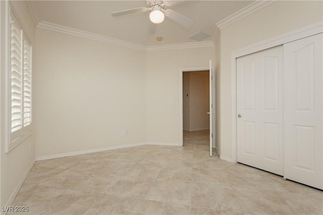 2163 Bannerwood St, Henderson, NV 89044 - unfurnished bedroom featuring a closet, a ceiling fan, baseboards, and ornamental molding