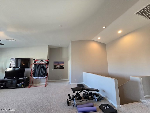 8303 Saddleback Ledge Ave, Las Vegas, NV 89147 - exercise area with carpet flooring, baseboards, lofted ceiling, and recessed lighting
