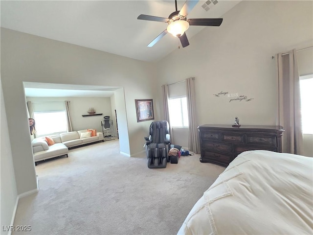 8303 Saddleback Ledge Ave, Las Vegas, NV 89147 - bedroom with carpet flooring, baseboards, high vaulted ceiling, and ceiling fan