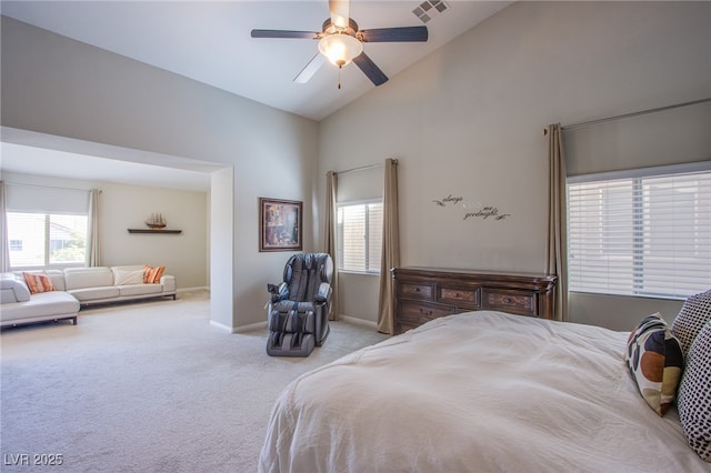 8303 Saddleback Ledge Ave, Las Vegas, NV 89147 - carpeted bedroom featuring multiple windows, high vaulted ceiling, and a ceiling fan