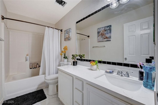 bathroom featuring vanity, shower / bath combination with curtain, marble finish floor, toilet, and visible vents