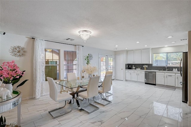 dining area featuring marble finish floor, french doors, visible vents, and recessed lighting