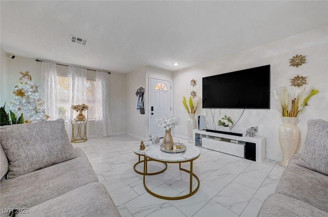 living room with recessed lighting, visible vents, marble finish floor, and baseboards