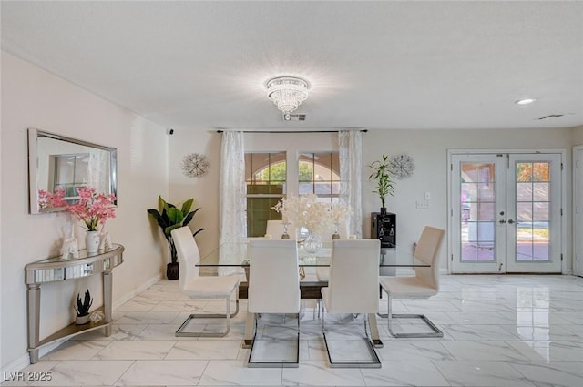 dining area with marble finish floor, french doors, baseboards, visible vents, and recessed lighting