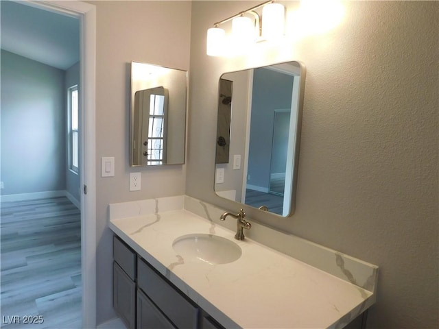 bathroom with wood finished floors and vanity