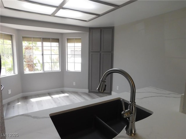 room details featuring gray cabinetry, wood finished floors, light stone counters, and a sink