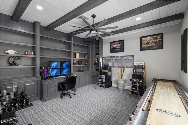 2715 Twin Palms Cir, Las Vegas, NV 89117 - office space with carpet flooring, built in desk, a ceiling fan, built in shelves, and a wooden ceiling with exposed beams