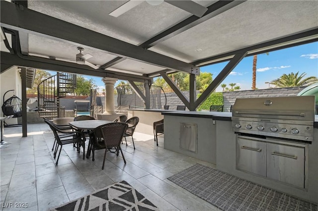 2715 Twin Palms Cir, Las Vegas, NV 89117 - fenced backyard featuring stairs, area for grilling, a patio, a ceiling fan, and outdoor dining space