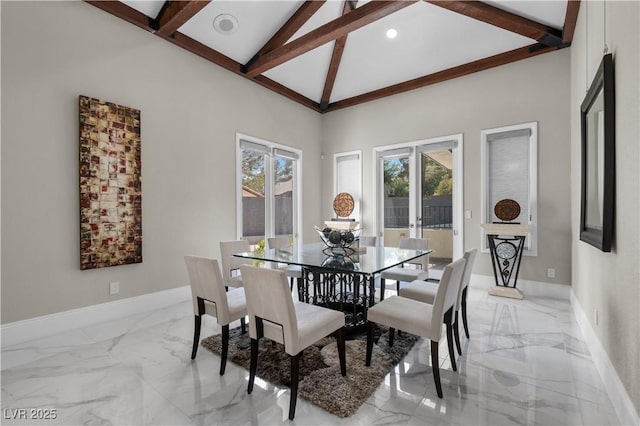 2715 Twin Palms Cir, Las Vegas, NV 89117 - dining area featuring light marble finish flooring, beam ceiling, high vaulted ceiling, and french doors