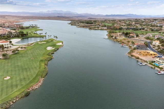 bird's eye view featuring a water and mountain view and view of golf course