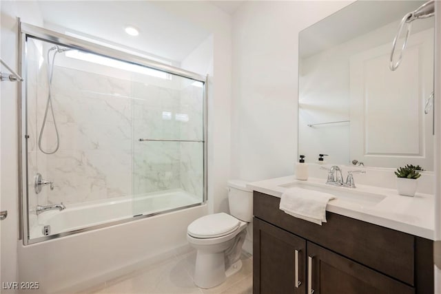 bathroom with vanity, recessed lighting, shower / bath combination with glass door, and toilet