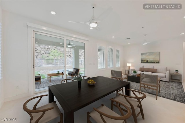 dining area featuring recessed lighting and ceiling fan