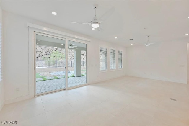 empty room featuring ceiling fan, baseboards, light tile patterned flooring, and recessed lighting
