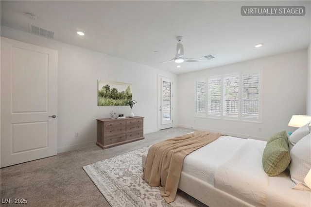 bedroom featuring recessed lighting, baseboards, visible vents, and light colored carpet