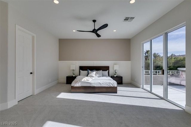 carpeted bedroom featuring baseboards, access to outside, visible vents, and recessed lighting