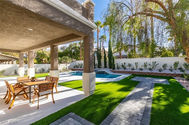exterior space featuring a patio area, a fenced backyard, and a fenced in pool