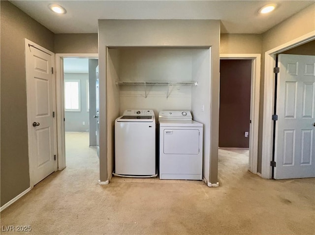 7173 Dravite Ct, Las Vegas, NV 89148 - laundry area featuring separate washer and dryer, light carpet, recessed lighting, and baseboards